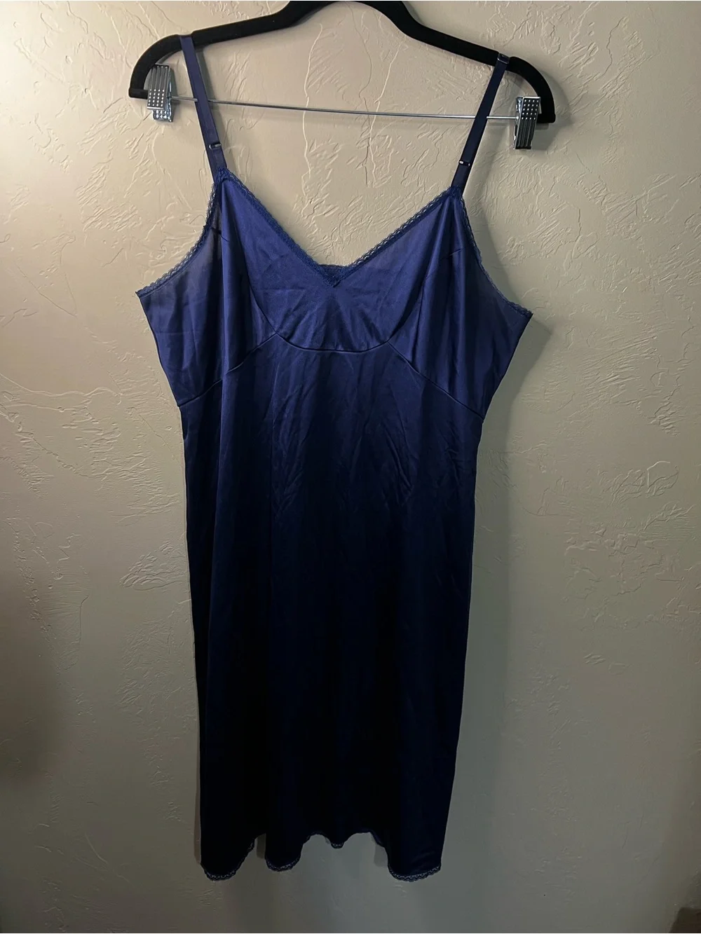 Vanity Fair Vintage 80s Navy Blue Semi Sheer Lace Trim Midi Slip Dress